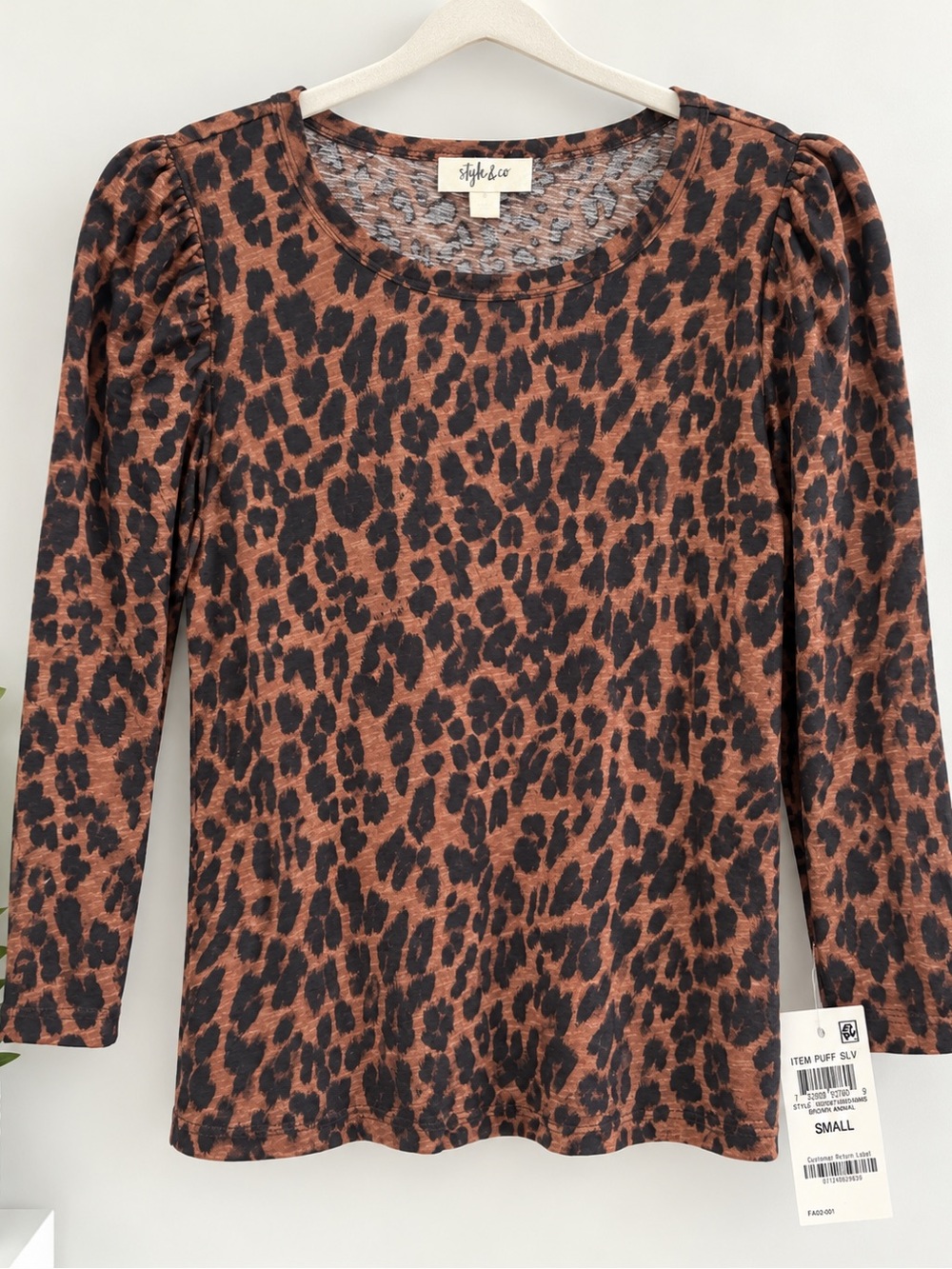 Style & Co. Brown and Black Leopard Print Puff Sleeve Long Sleeve Top